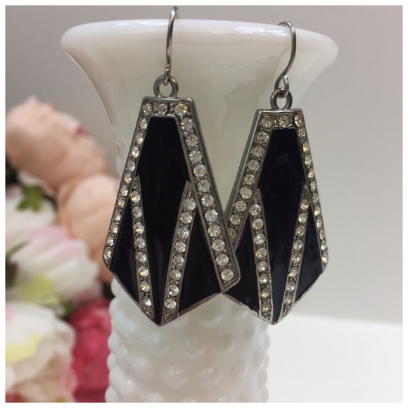 Vintage Jewelry - Vintage Onyx, Silver, CZ Dangle Earrings